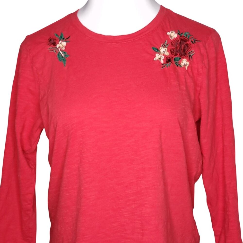 Lucky Brand Womens 3/4 Sleeve Top L Embroidered Floral Cotton Shirt Juniors